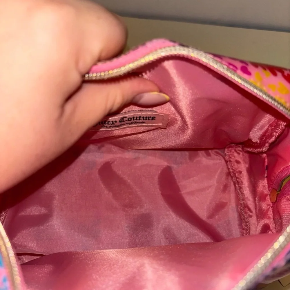 Juicy Couture PVC Cosmetic Makeup Wedge Bag Multi Hearts w/bottle NWT
